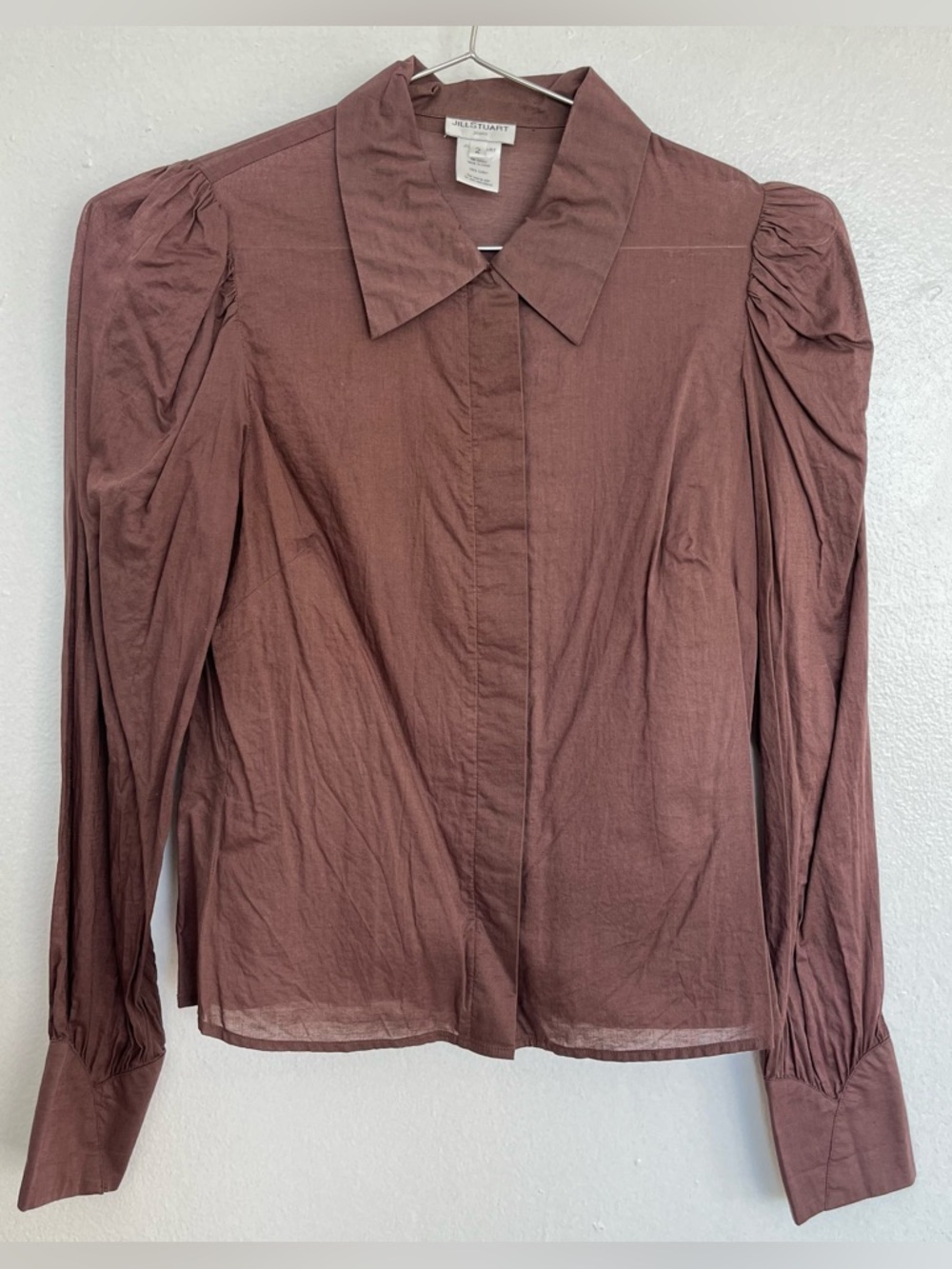 JILL STUART mauve brown button-down blouse with puff shoulders